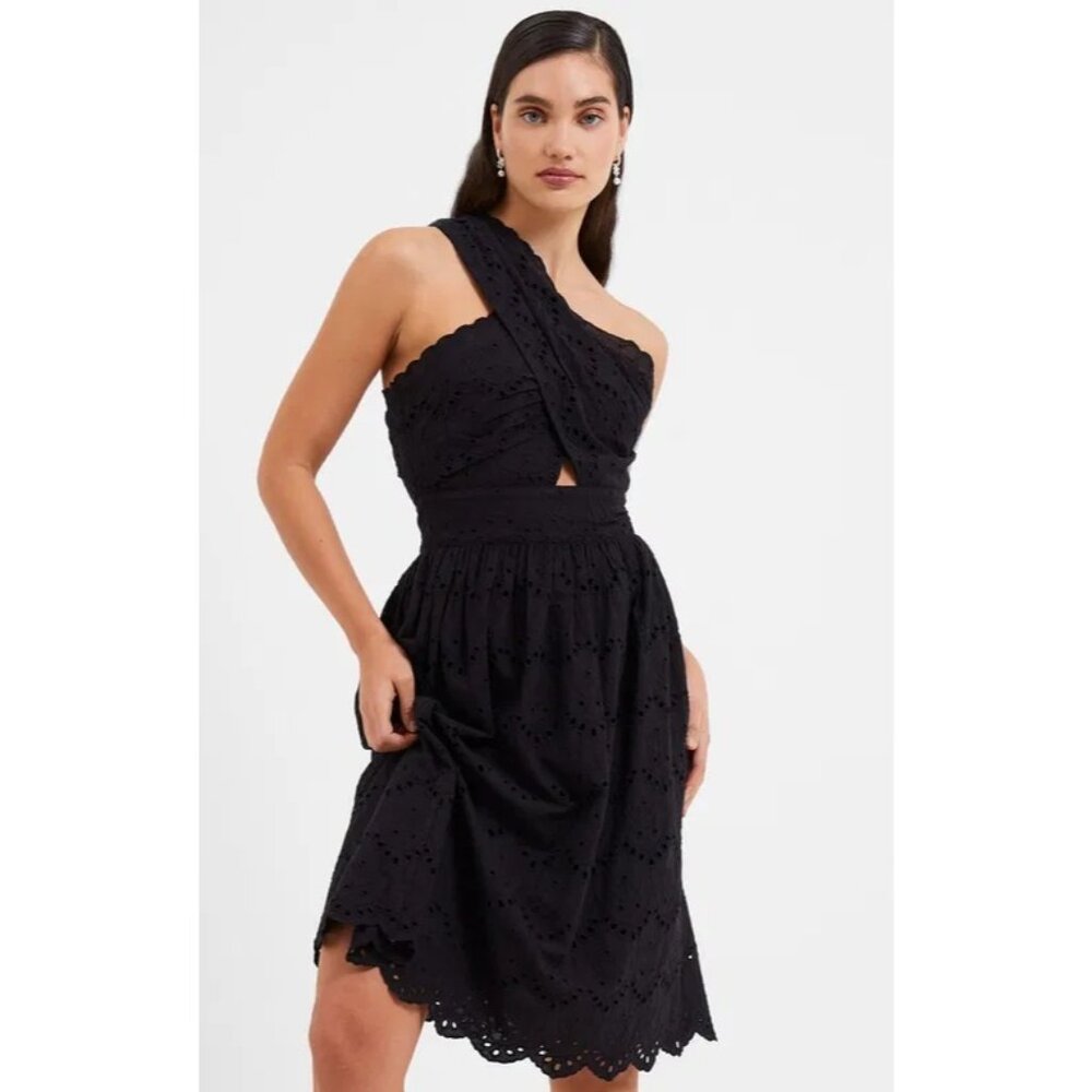 French Connection Appelona Black One-Shoulder Broderie Anglaise Midi Dress - Siz